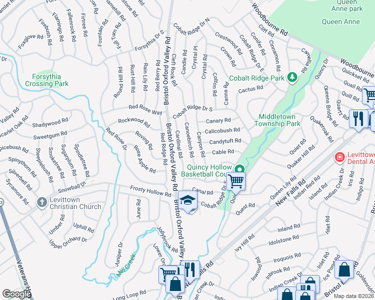 map of restaurants, bars, coffee shops, grocery stores, and more near 37 Canoebirch Road in Levittown