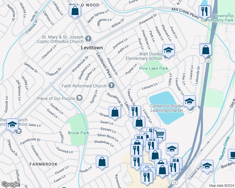 map of restaurants, bars, coffee shops, grocery stores, and more near 505 Stonybrook Drive in Levittown