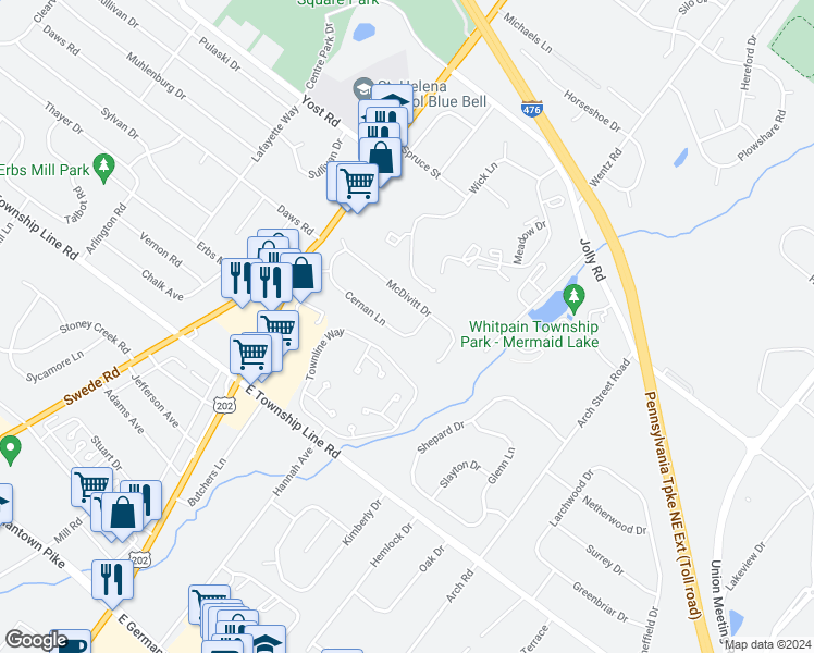 map of restaurants, bars, coffee shops, grocery stores, and more near 1315 Cernan Lane in Blue Bell