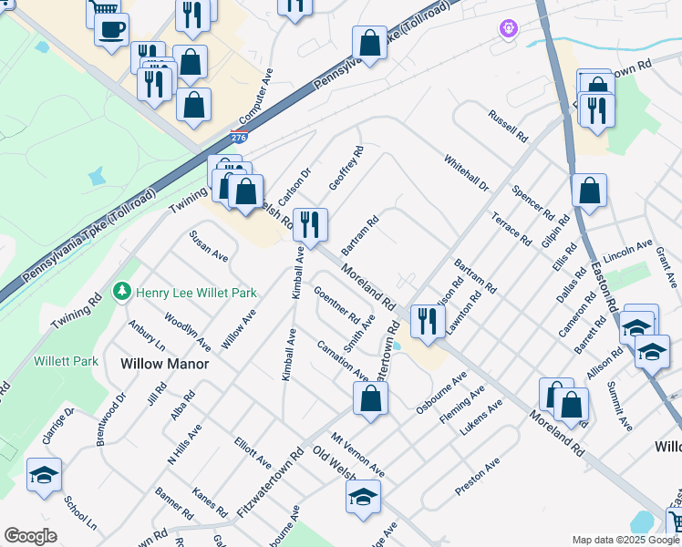 map of restaurants, bars, coffee shops, grocery stores, and more near 2967 Sunnycrest Road in Willow Grove
