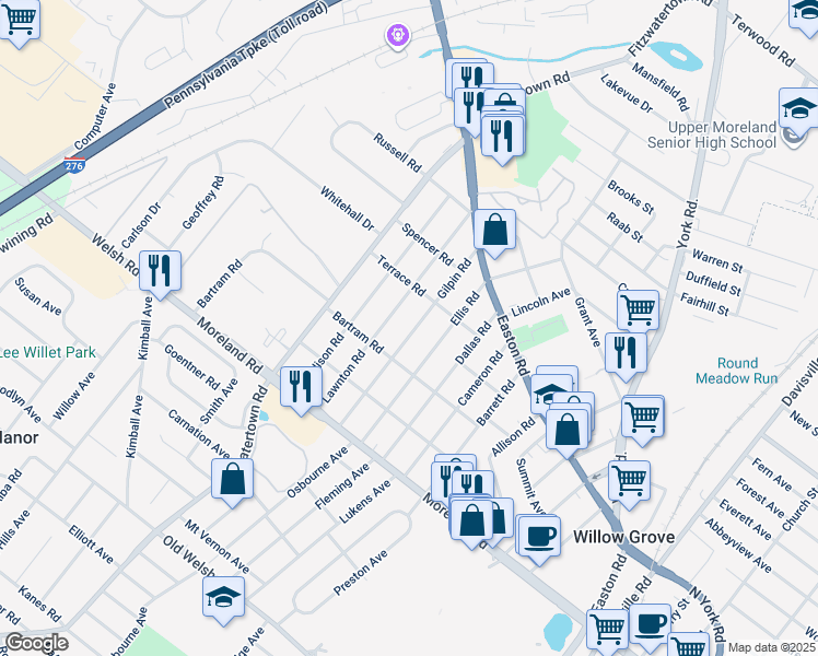 map of restaurants, bars, coffee shops, grocery stores, and more near 216 Gilpin Road in Willow Grove