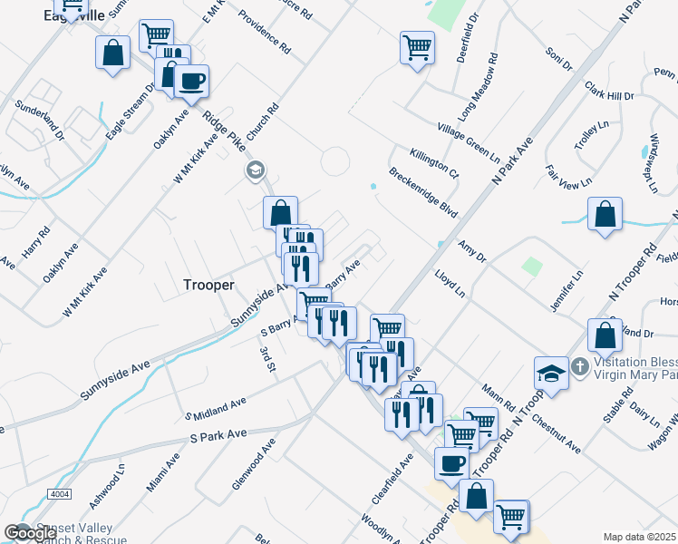 map of restaurants, bars, coffee shops, grocery stores, and more near 19 North Barry Avenue in Eagleville