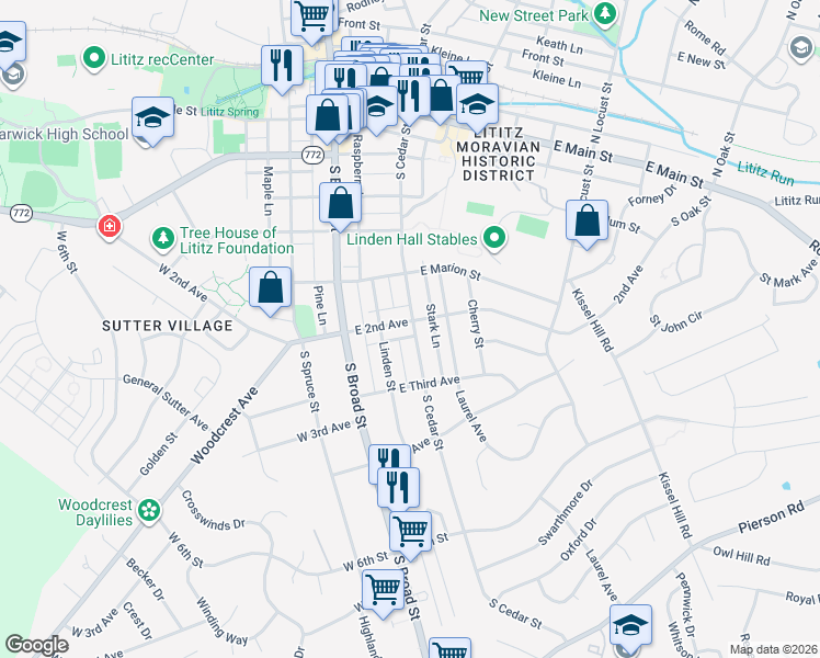 map of restaurants, bars, coffee shops, grocery stores, and more near 41 East 2nd Avenue in Lititz