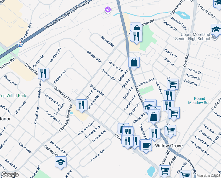 map of restaurants, bars, coffee shops, grocery stores, and more near 216 Gilpin Road in Willow Grove