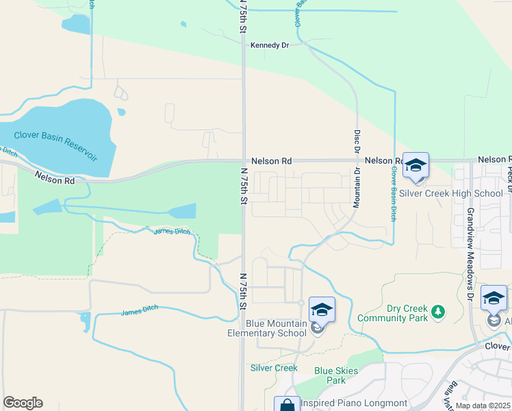 map of restaurants, bars, coffee shops, grocery stores, and more near 5837 Grandville Avenue in Longmont