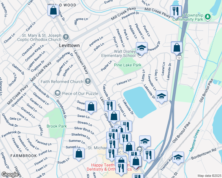 map of restaurants, bars, coffee shops, grocery stores, and more near 11 Leisure Lane in Levittown