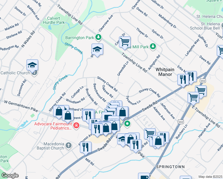 map of restaurants, bars, coffee shops, grocery stores, and more near 3038 Stoney Creek Road in Norristown