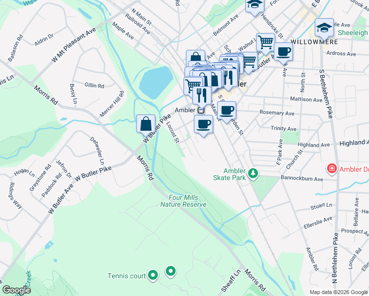 map of restaurants, bars, coffee shops, grocery stores, and more near 23 Center Street in Ambler
