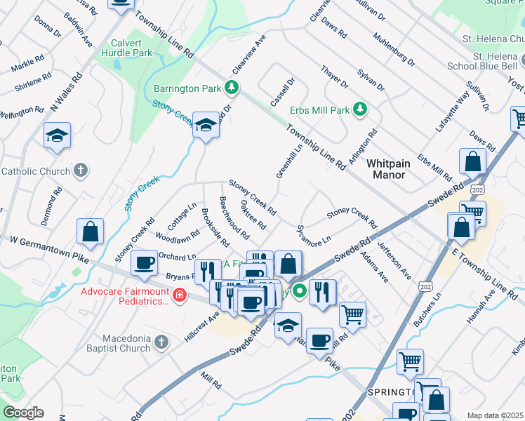 map of restaurants, bars, coffee shops, grocery stores, and more near 3038 Stoney Creek Road in Norristown