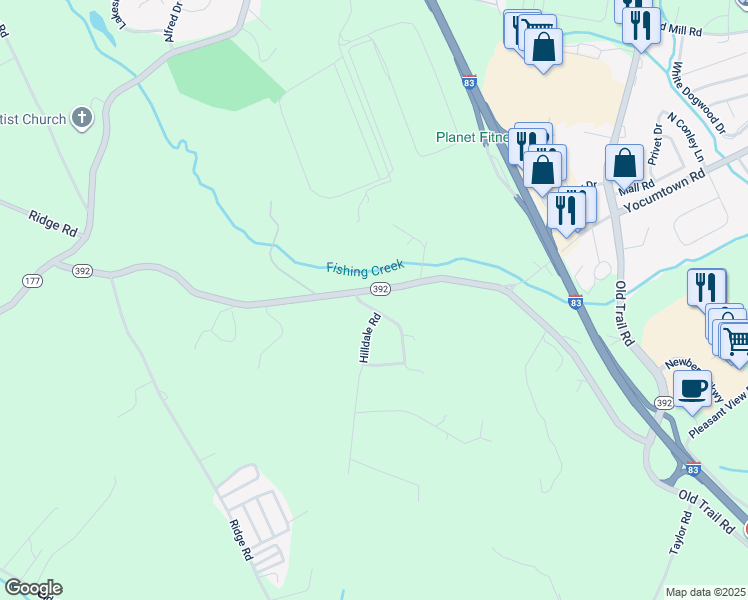 map of restaurants, bars, coffee shops, grocery stores, and more near 30 Ramblewood Drive in Goldsboro