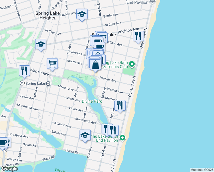 map of restaurants, bars, coffee shops, grocery stores, and more near 117 Passaic Avenue in Spring Lake