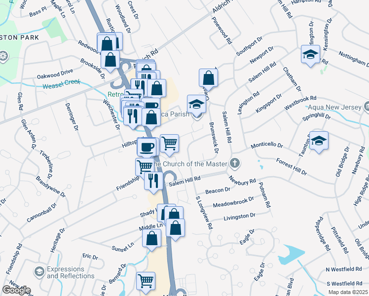 map of restaurants, bars, coffee shops, grocery stores, and more near 18 North Longview Road in Howell Township
