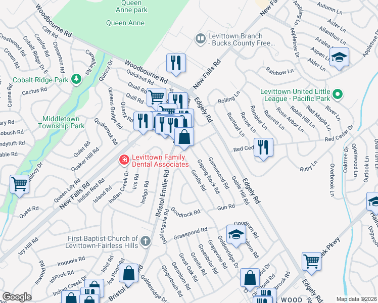 map of restaurants, bars, coffee shops, grocery stores, and more near 319 Goldenridge Drive in Levittown