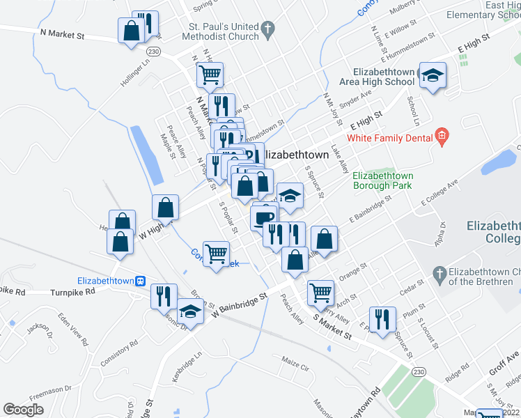 map of restaurants, bars, coffee shops, grocery stores, and more near 4 East Park Street in Elizabethtown