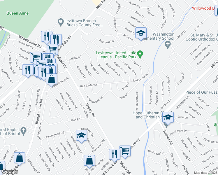 map of restaurants, bars, coffee shops, grocery stores, and more near 6 Ruby Lane in Levittown