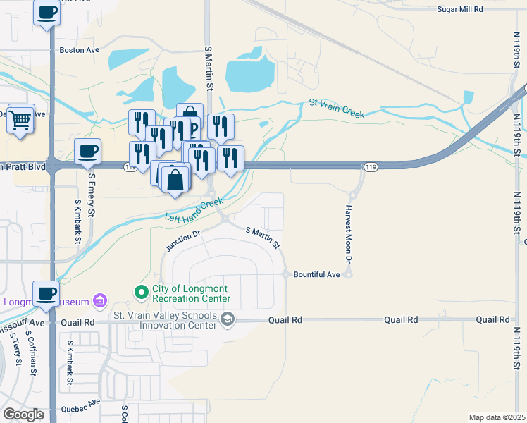 map of restaurants, bars, coffee shops, grocery stores, and more near 766 South Martin Street in Longmont