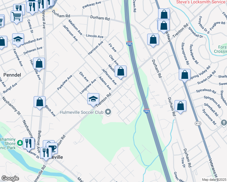map of restaurants, bars, coffee shops, grocery stores, and more near 800 Trenton Road in Langhorne