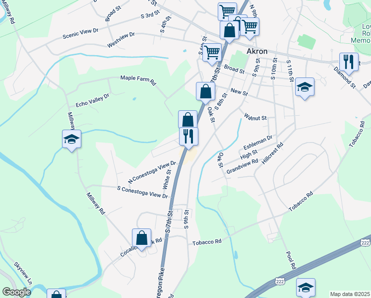 map of restaurants, bars, coffee shops, grocery stores, and more near 3 Green Acres in Akron