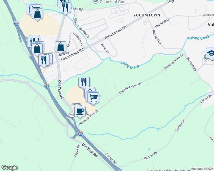 map of restaurants, bars, coffee shops, grocery stores, and more near 365 Pleasant View Drive in Goldsboro