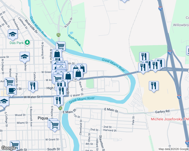 map of restaurants, bars, coffee shops, grocery stores, and more near 431 East Greene Street in Piqua