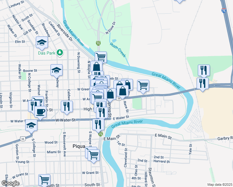 map of restaurants, bars, coffee shops, grocery stores, and more near 418 Harrison Street in Piqua