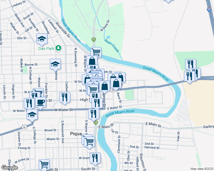 map of restaurants, bars, coffee shops, grocery stores, and more near 115 East Greene Street in Piqua