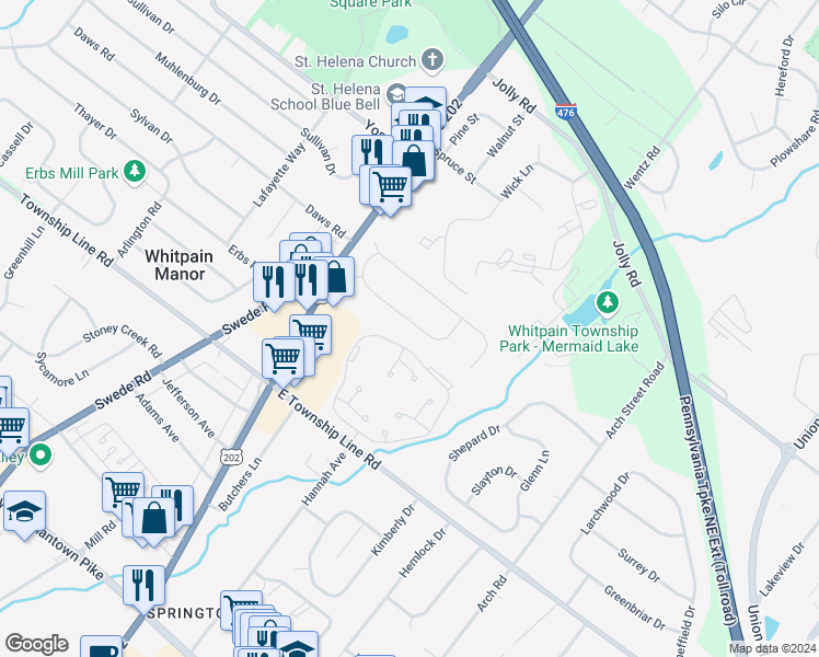 map of restaurants, bars, coffee shops, grocery stores, and more near 1340 Cernan Lane in Blue Bell