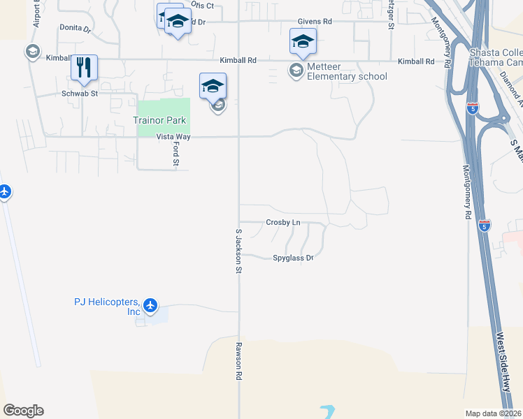 map of restaurants, bars, coffee shops, grocery stores, and more near 745 Snow Mountain Way in Red Bluff