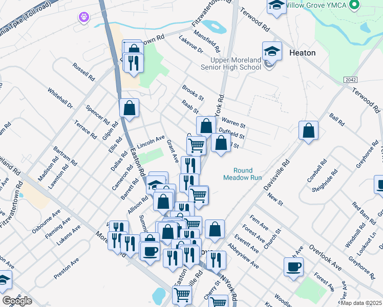 map of restaurants, bars, coffee shops, grocery stores, and more near 505 Lincoln Avenue in Willow Grove