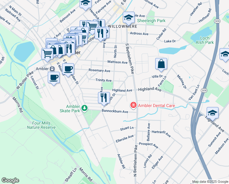 map of restaurants, bars, coffee shops, grocery stores, and more near 334 Highland Avenue in Ambler