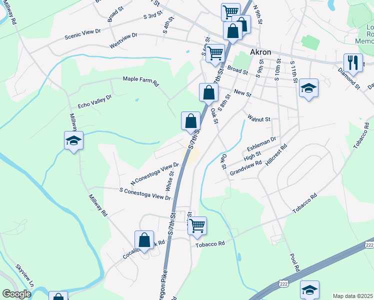 map of restaurants, bars, coffee shops, grocery stores, and more near 3 Green Acres in Akron