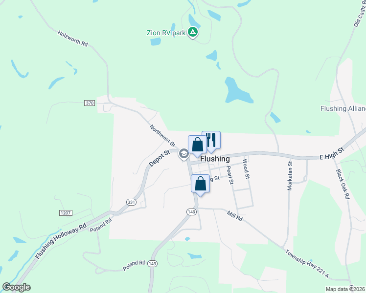 map of restaurants, bars, coffee shops, grocery stores, and more near 110 Northwest Street in Flushing