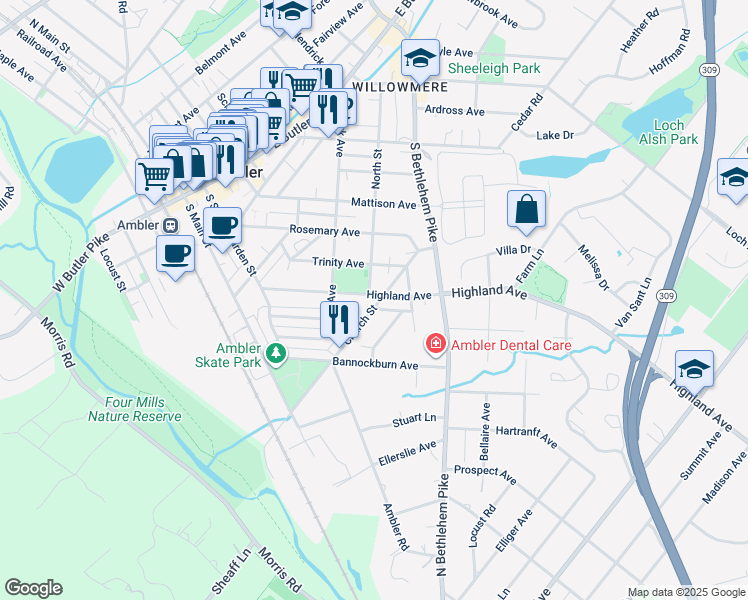 map of restaurants, bars, coffee shops, grocery stores, and more near 334 Highland Avenue in Ambler