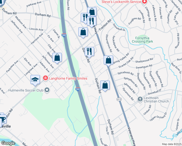 map of restaurants, bars, coffee shops, grocery stores, and more near 1265 Durham Road in Langhorne