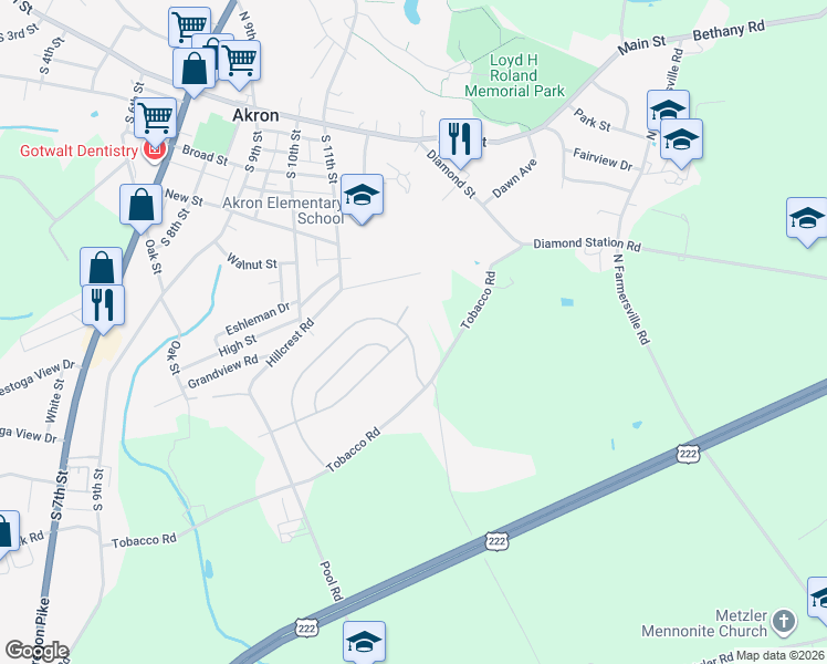 map of restaurants, bars, coffee shops, grocery stores, and more near 265 Eagle Drive in Ephrata