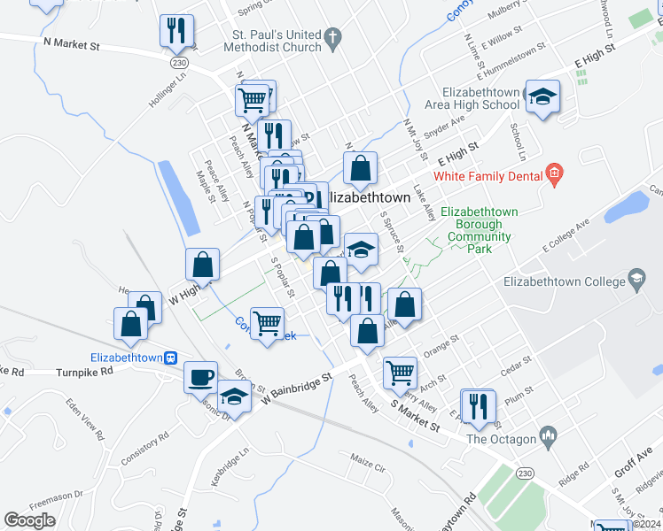 map of restaurants, bars, coffee shops, grocery stores, and more near 24 East Park Street in Elizabethtown