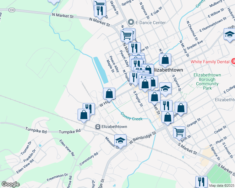 map of restaurants, bars, coffee shops, grocery stores, and more near 211 West High Street in Elizabethtown