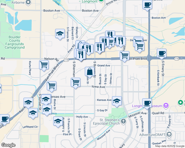 map of restaurants, bars, coffee shops, grocery stores, and more near 741 South Bowen Street in Longmont