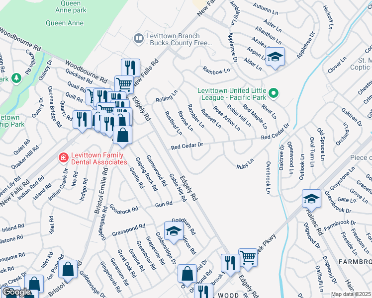map of restaurants, bars, coffee shops, grocery stores, and more near 16 Red Cedar Drive in Levittown