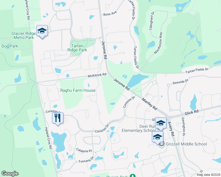 map of restaurants, bars, coffee shops, grocery stores, and more near 9447 Jerome Road in Dublin