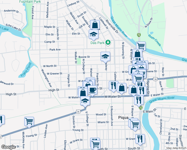 map of restaurants, bars, coffee shops, grocery stores, and more near 615 W Greene St in Piqua