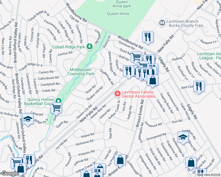 map of restaurants, bars, coffee shops, grocery stores, and more near 105 Queen Lily Road in Levittown