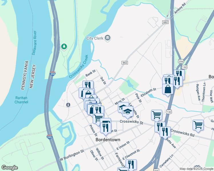 map of restaurants, bars, coffee shops, grocery stores, and more near 1 3rd St in Bordentown