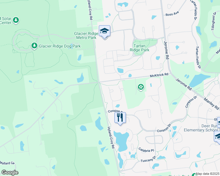 map of restaurants, bars, coffee shops, grocery stores, and more near 9375 Roseto Villa Drive in Dublin