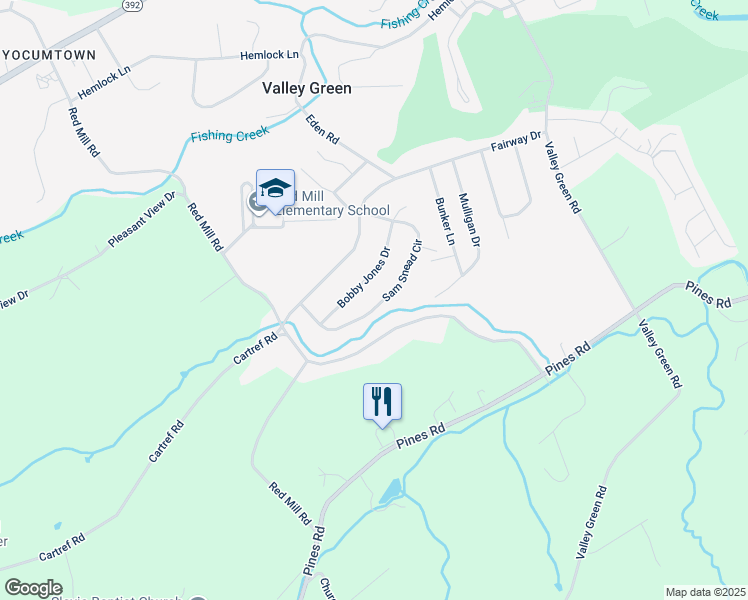 map of restaurants, bars, coffee shops, grocery stores, and more near 135 Sam Snead Circle in Valley Green