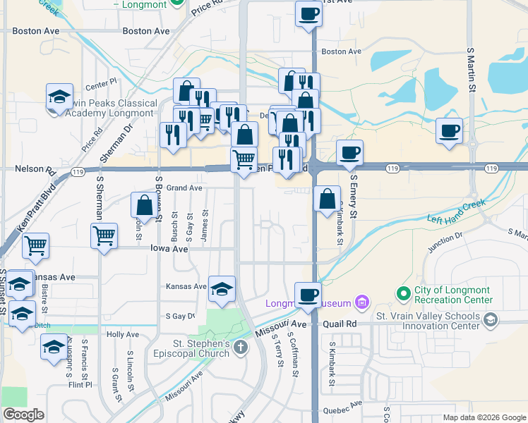 map of restaurants, bars, coffee shops, grocery stores, and more near 818 South Terry Street in Longmont