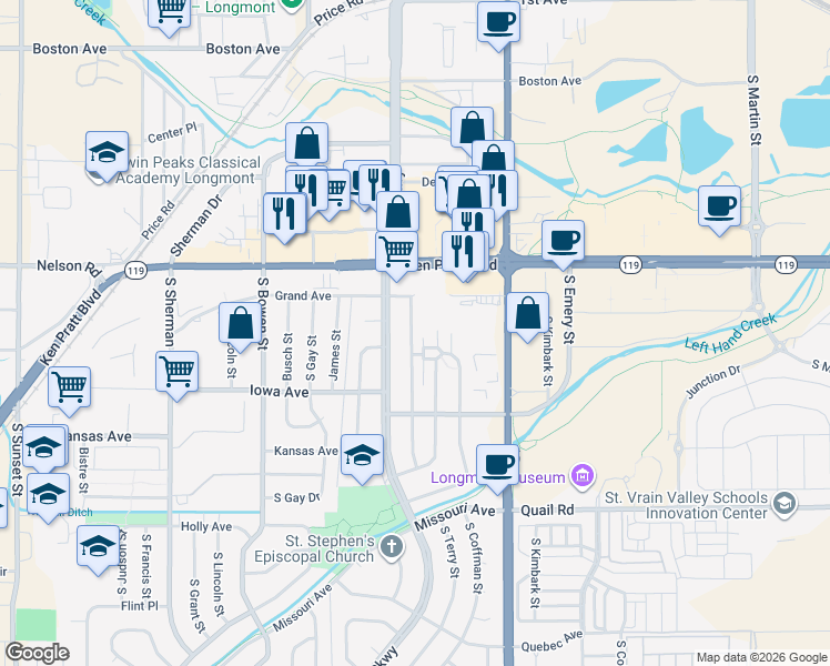 map of restaurants, bars, coffee shops, grocery stores, and more near 727 South Terry Street in Longmont
