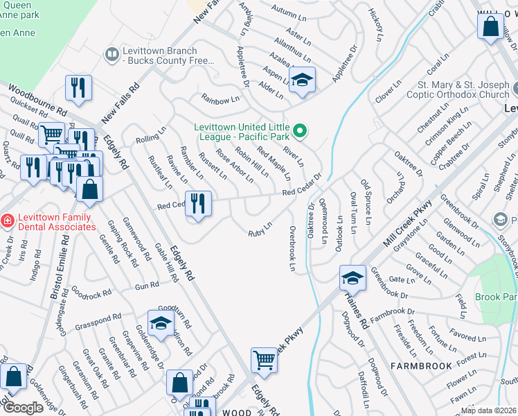 map of restaurants, bars, coffee shops, grocery stores, and more near 29 Ring Lane in Levittown