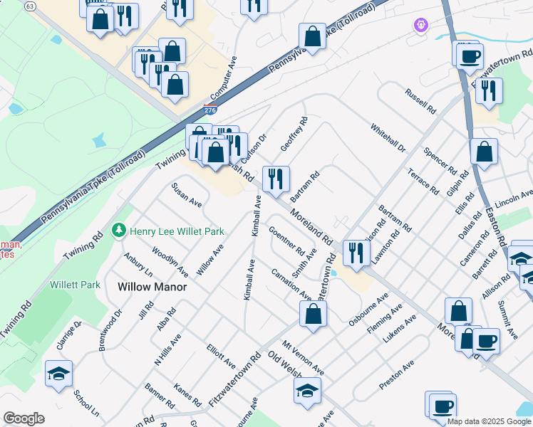 map of restaurants, bars, coffee shops, grocery stores, and more near 2985 Sunnycrest Road in Willow Grove