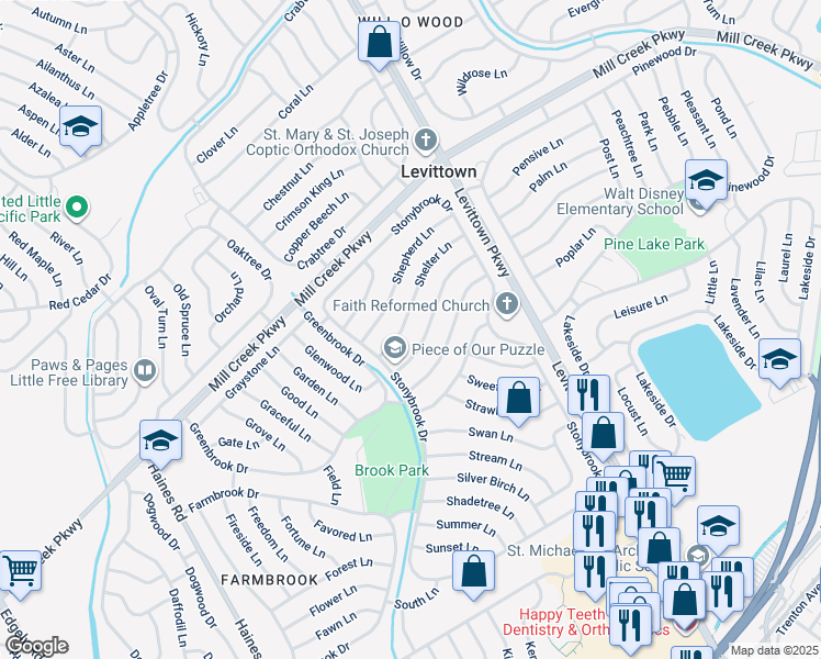 map of restaurants, bars, coffee shops, grocery stores, and more near 20 Shelter Lane in Levittown